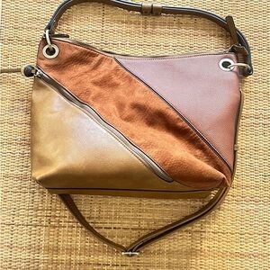 Anthropologie Tri-Panel Leather & Suede Shoulder Bag in Brown, Tan, and Rust